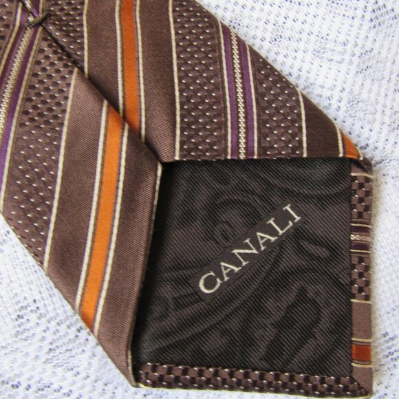 CANALI Tie 3.5" x 59" Brown Orange Textured Diagonal Stripe 100% Silk, - Picture 4 of 6